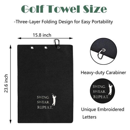 YLXLLSM Funny Golf Towels for Golf Bags for Men, Swing Swear Repeat Towel Golf Accessories for Men Golfers Women, Black Embroidered Towel with Clip Club Brush Groove Cleaner Set