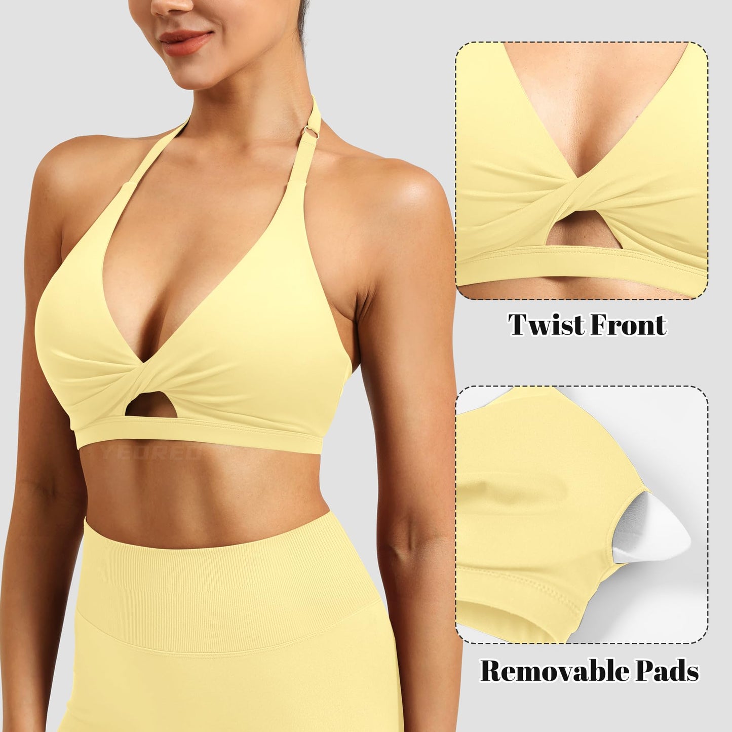 YEOREO Sports Bras for Women Micaela Open Back Workout Gym Bra Padded Medium Impact Yoga Tops with Ajustable Back Straps Milk Yellow M