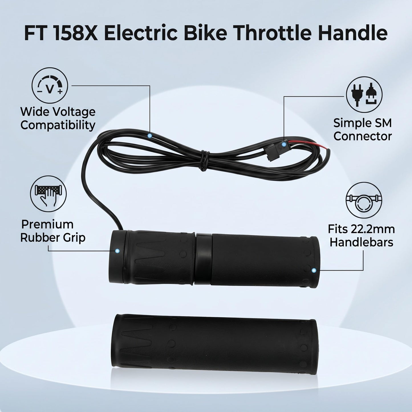 Electric Bike Throttle, 22.2mm FT 158X Universal Fit for 12V to 72V E Bikes Easy Install Replacement Twist Grip for Mountain Bike and E Bicycle Conversion