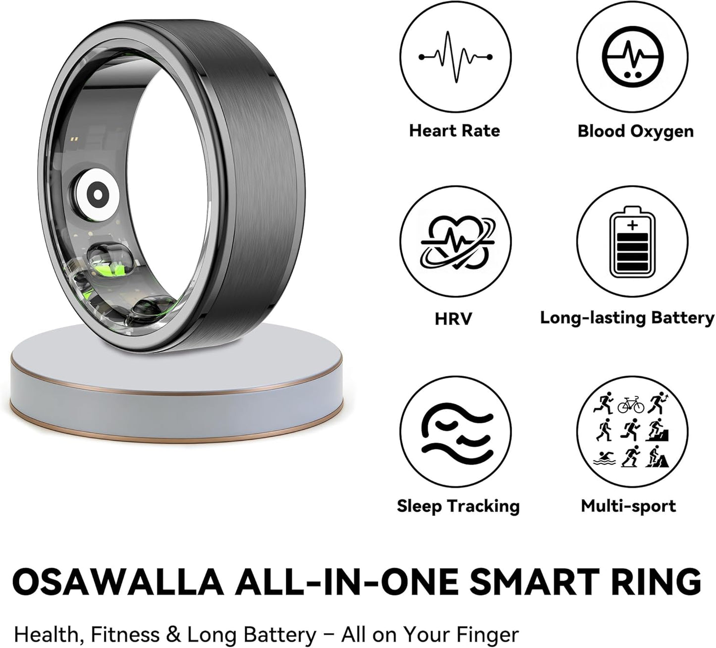Smart Ring - 24/7 Fitness Tracker for Men & Women | Stress & Sleep Monitoring, Black, Size 8