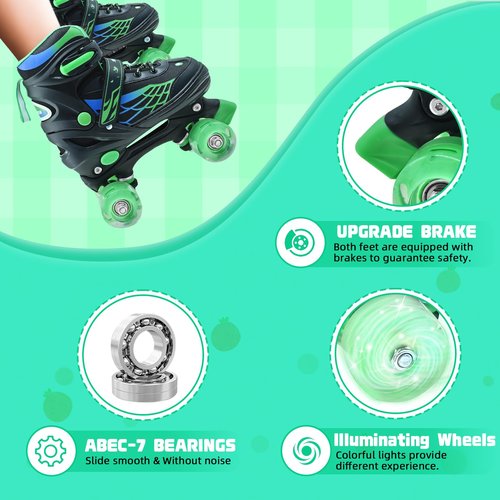 Roller Skates for Kids, Adjustable Quad Skates for Boys and Girls Ages 5-8 with Light Up Wheels, Children Beginners Rollerskates Green for Indoor Outdoor