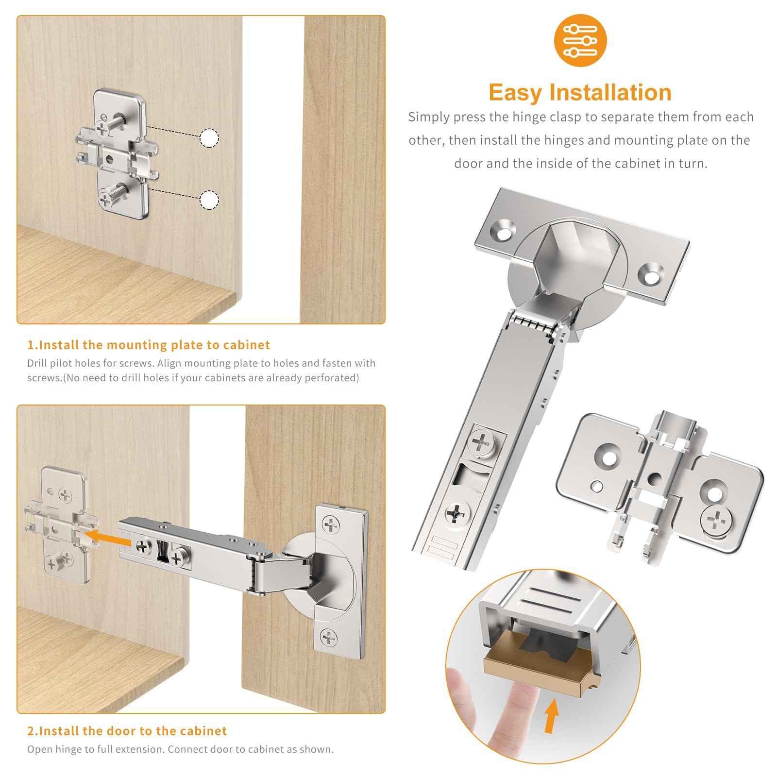 Chibery 60 Pack Frameless Full Overlay Soft Close Concealed Hinges, Satin Nickel, Self Closing, 105° Open Angle 3D Adjustment, Stop 85 ＆ 105 Degrees, Clip On, Stainless Steel for Cabinet Door