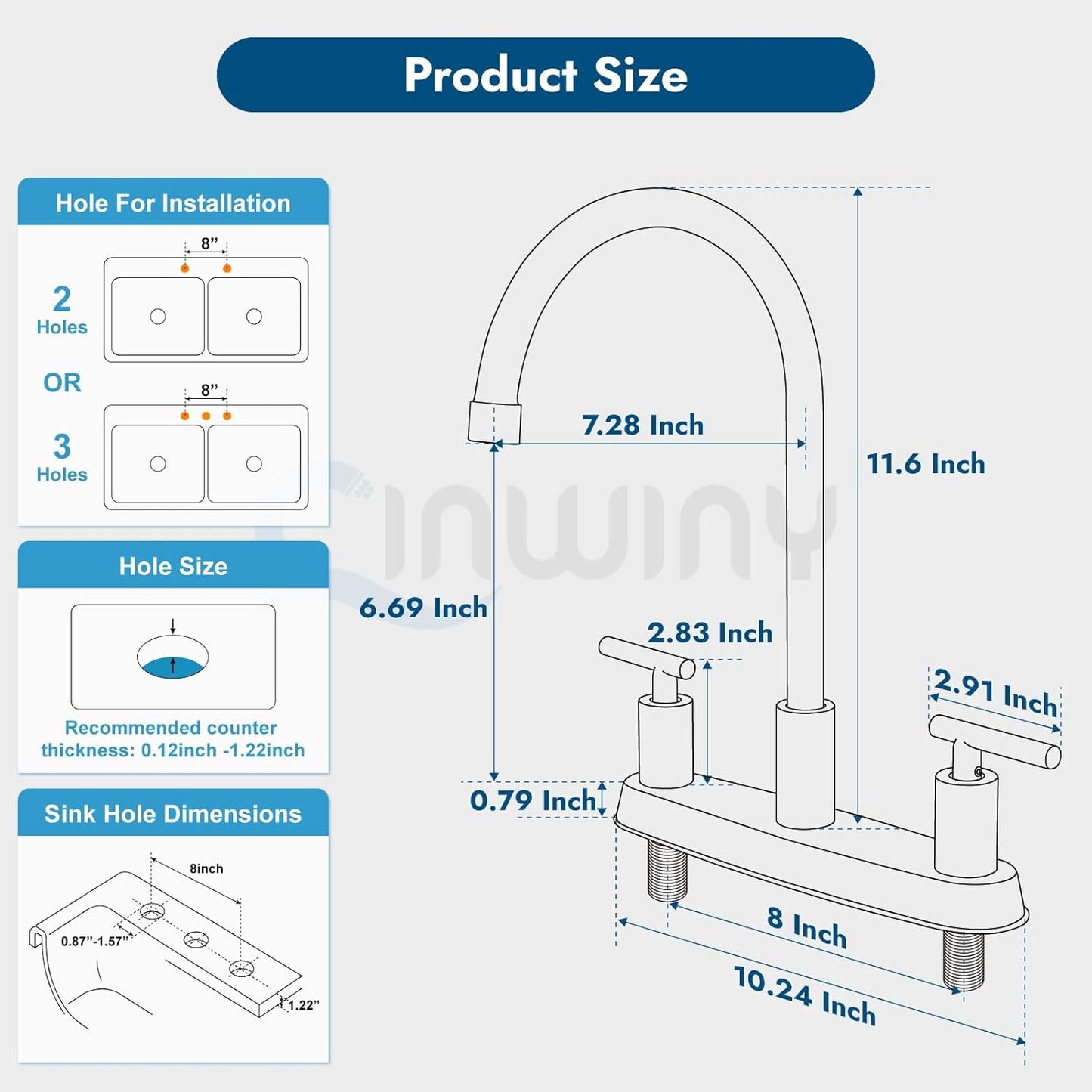 Brushed Nickel Kitchen Faucet with 360° Rotating Spout & Side Sprayer - 2 Handle, 8 Inch Centerset