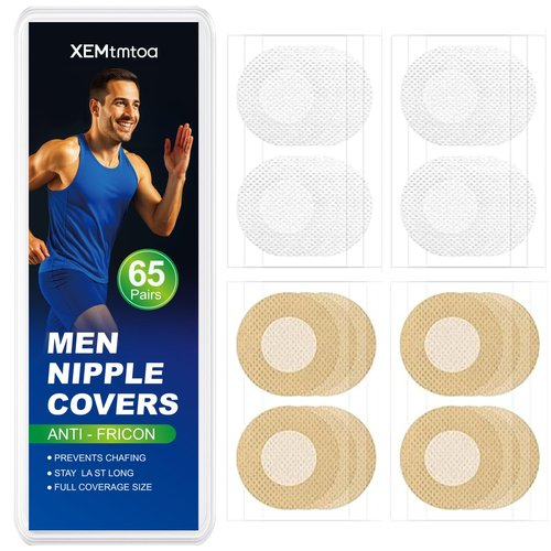 XEMtmtoa Nipple Covers for Men – Invisible No Show Sweatproof Adhesive Anti-Chafing Nipple Guards & Patches for Running, Gym, Sports & Marathon (65 Pairs / 130PCS)
