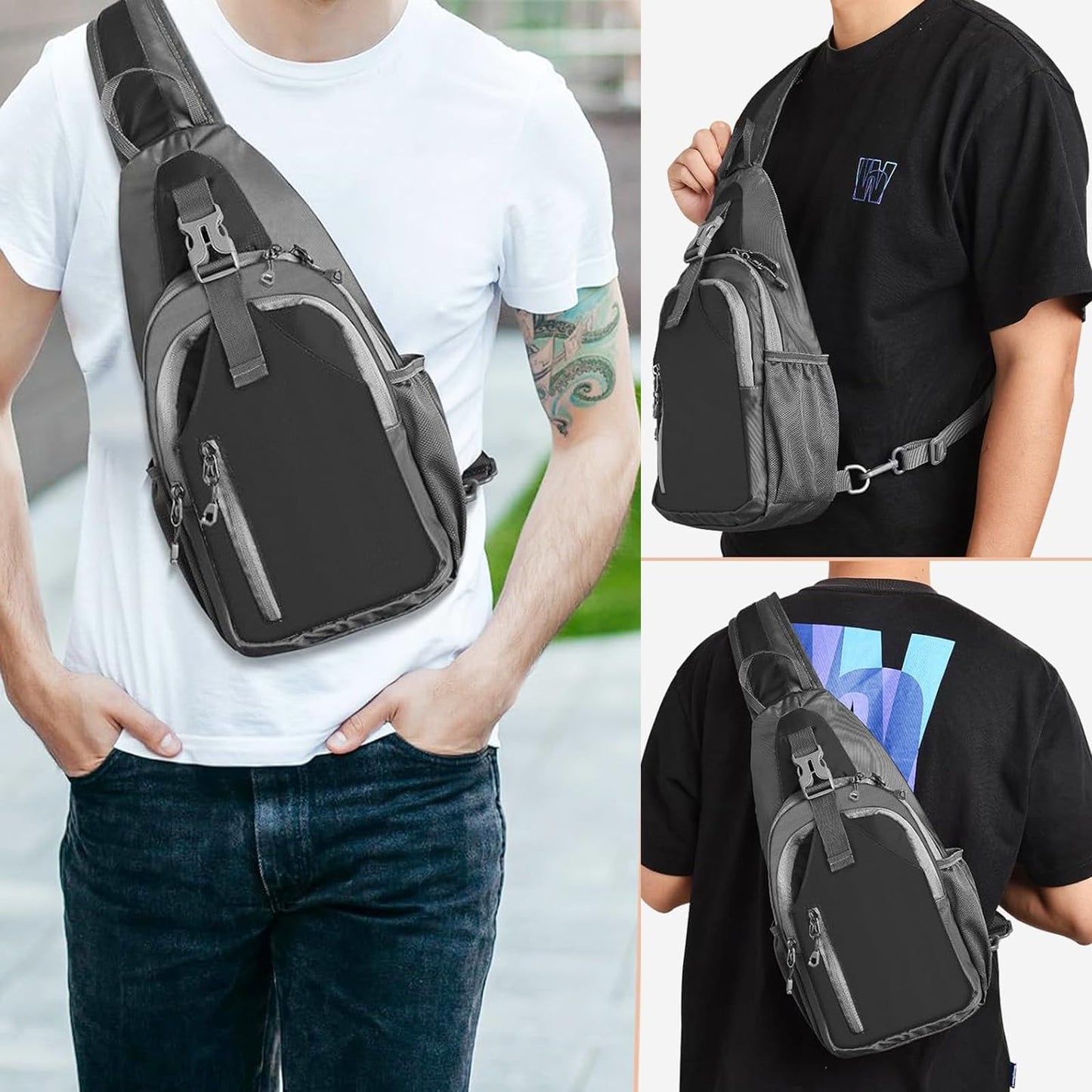 DAYELIVE Sling Bag for Mens Crossbody Bag Travel Sling Backpack Hiking Daypack Chest Bag Shoulder Bag, Large Cross Body Bag with Chest Phone Holder Black&Grey