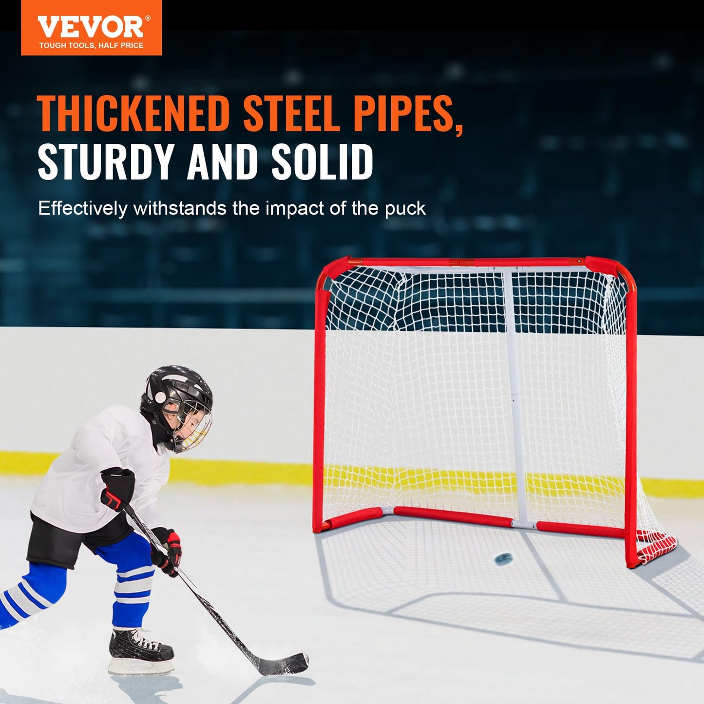 VEVOR Youth Street Hockey Net, Indoor Outdoor Steel Hockey Goal, Portable Lightweight Youth Street + Roller for Kids, Junior Training Goal Set with Net, Easy Assemble, 54" x 44", White/Red