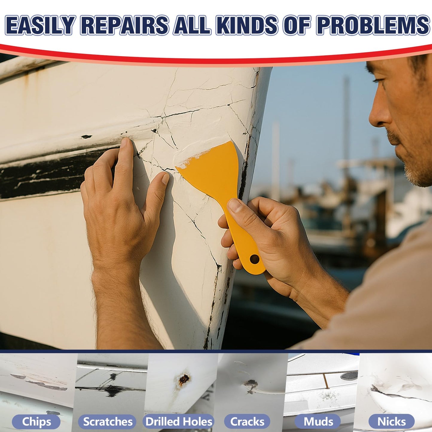 AstraVox Marine Fiberglass Repair Kit for Boats, Waterproof Gel Coat Repair Kit for Boats, Marine Epoxy Filler for Jet Ski, Kayak, Yacht, Speedboat, Dinghy, Fix Hole, Chip, Crack, Scratch (White)