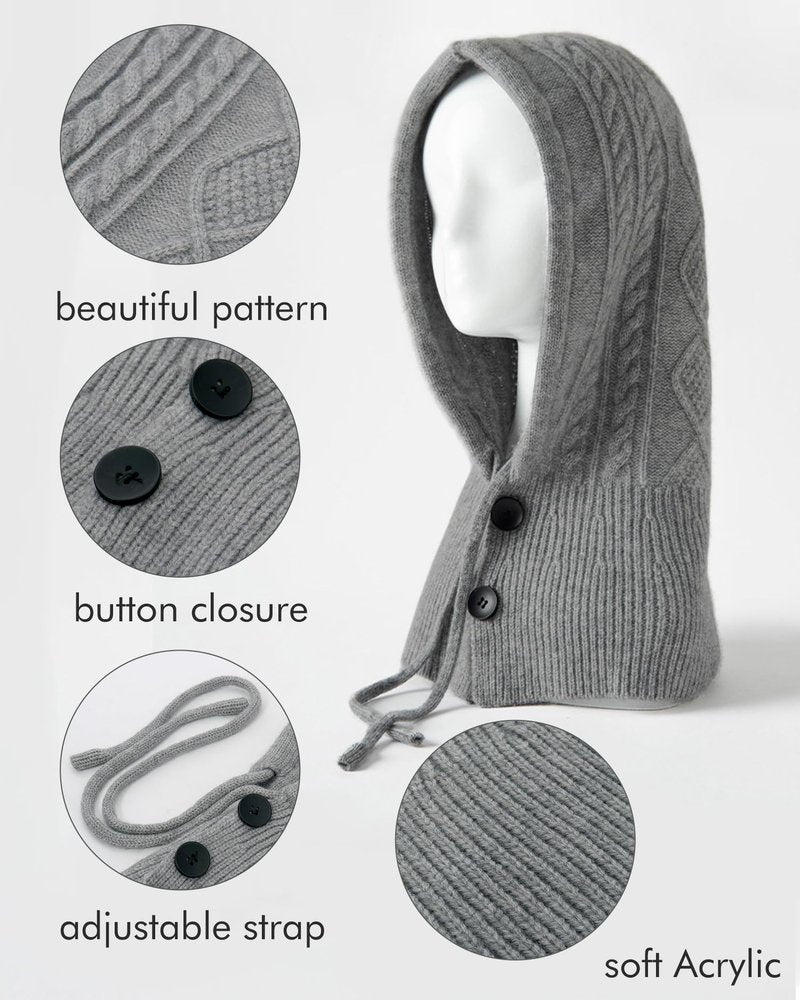 Peicees Knitted Balaclava Drawstring Hooded Scarf Hat Womens Beanie Skull Cap Winter Neck Gaiters Fashion Deep Grey