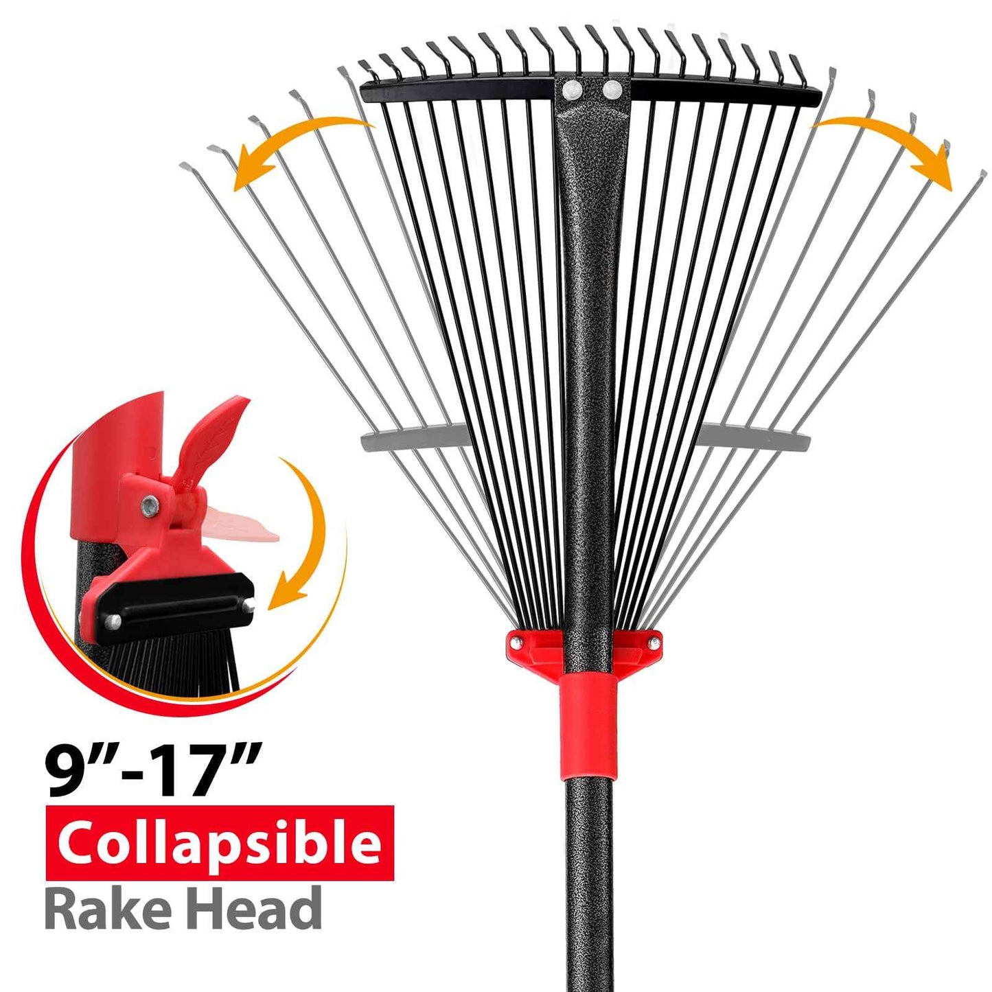 Rake, Adjustable Rakes for Leaves with 9”-17” Head, Rakes for Lawns Heavy Duty, 60 in Garden Rake with 18 Clog-Free Tines, Long Handle, Metal Gardening Tool, Fast Cleanup, Easy Carry for Camping