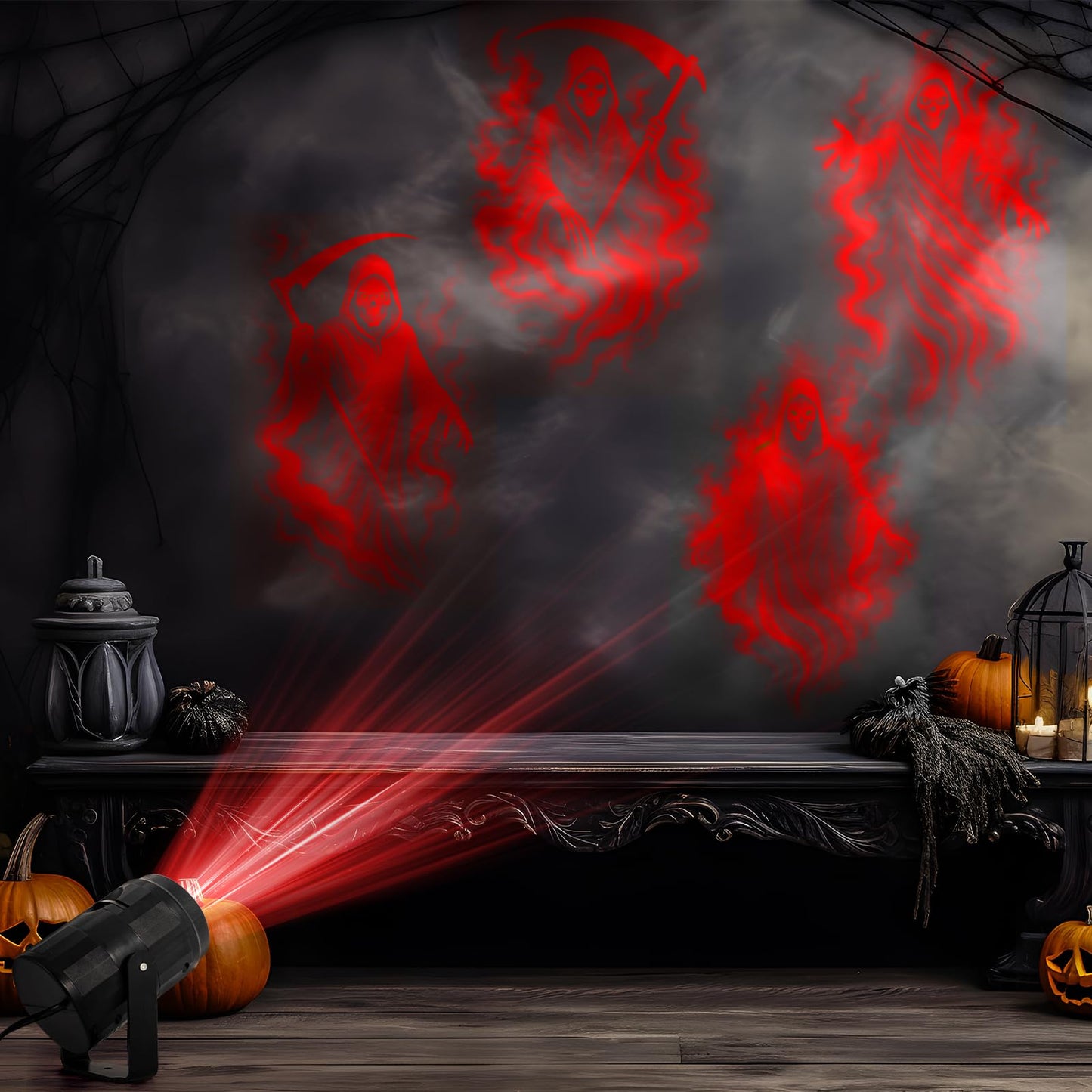 4 in 1 Grim Reaper Halloween Projector Lights Indoor Rotating LED Digital Ghost Projector Halloween Indoor Wall Party Home House Patio Garden Yard Halloween Lights Decorations