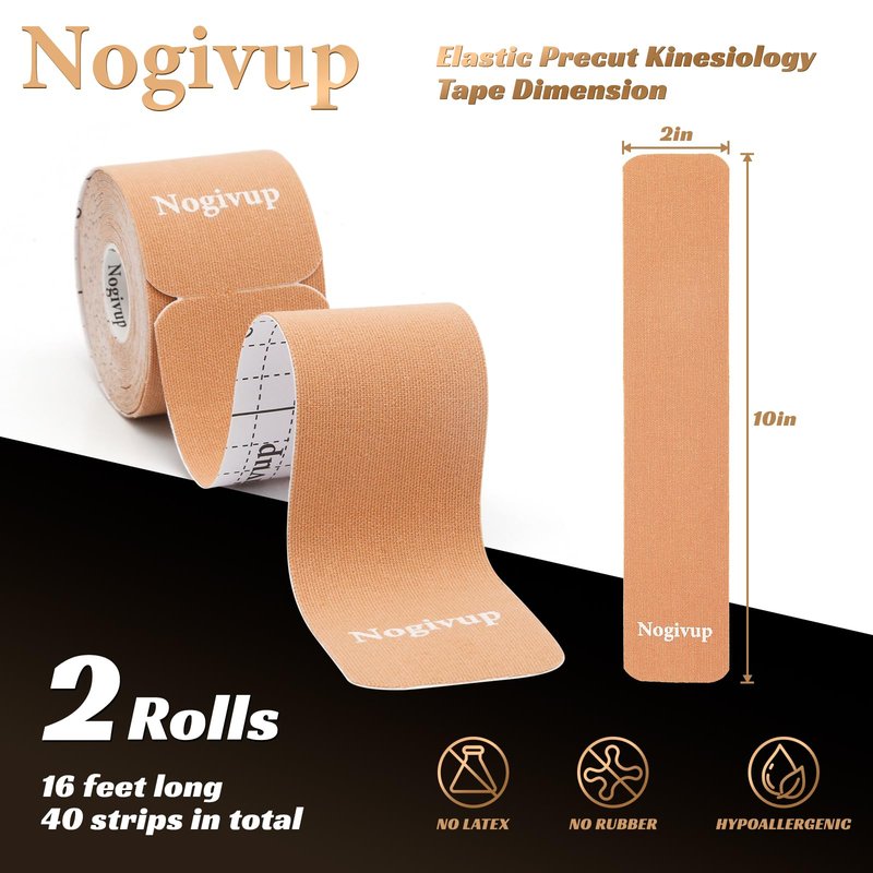 Nogivup Kinesiology Tape – 2 Rolls Latex-Free Cotton Precut Strips, Elastic Waterproof Athletic Sports Tape for Muscle & Joint Pain Relief & Support (Beige, 2" Wide)