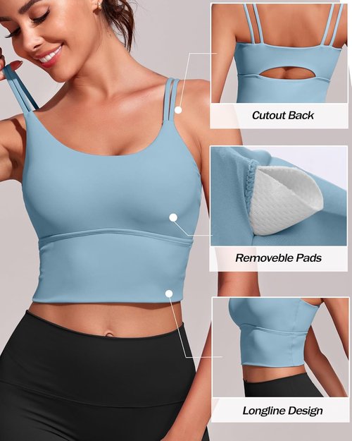 Everrysea High Support Sports Bra - Longline Workout Tank Top with Built-In Bra | Padded Strappy Yoga Crop Top