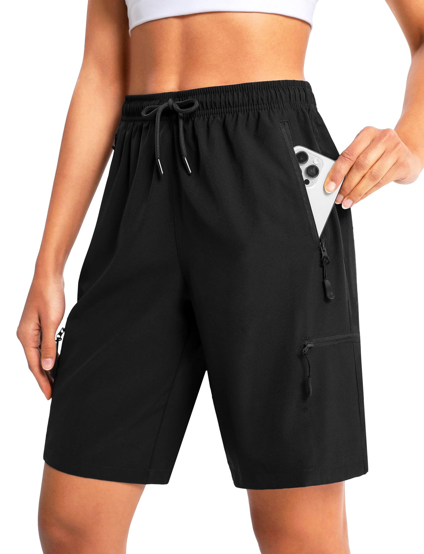 Cyasundent Women's 9" Hiking Cargo Shorts Lightweight Stretch Quick Dry Athletic Golf Summer Bermuda Shorts for Women (Black_L)