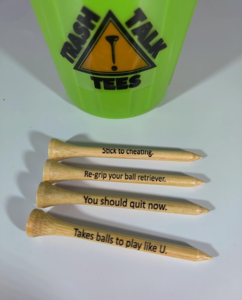 Trash Talk Golf Tees | Pack of 50 Bamboo 2 3/4" Golf Tees | Each Golf Tee Printed with a Funny Message