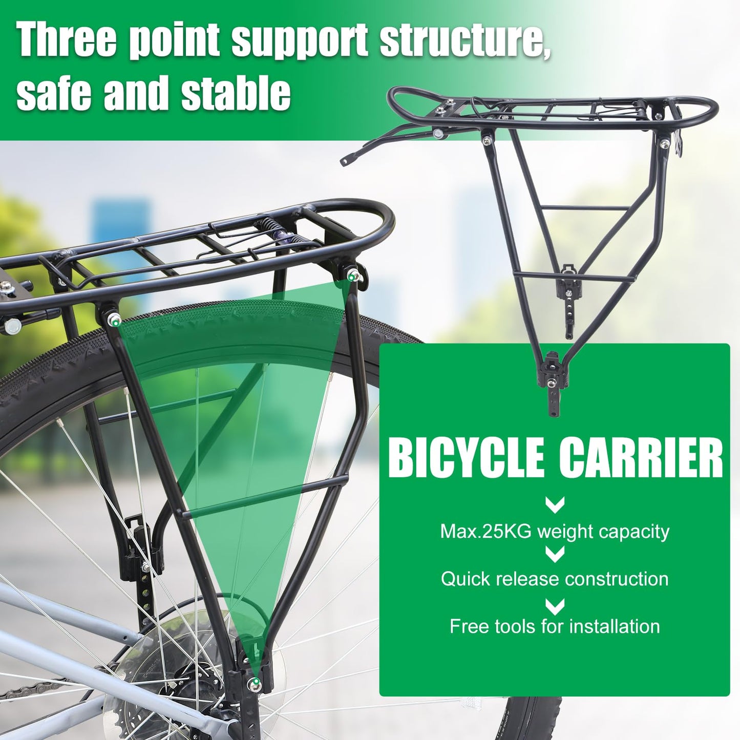 Rear Bike Rack Bike Cargo Racks Lightweight Alloy Aluminium 55LB Load Bearing Capacity Cargo Rack for Bike for Mountain Bike Road Bicycle Rear Rack, Height Adjustable Bicycle Rack 24"-28" Bike, Black