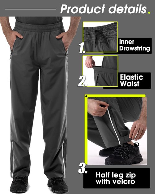 33,000ft Men's Rain Pants Waterproof, Windproof Lightweight Outdoor Rain Over Pants for Fishing Golf Work Hiking Grey 36W*30L