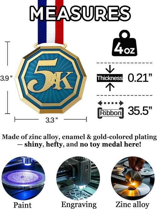 5K Running Medals - Heavy Duty 3'' Double-Sided 3D Engraved Trophy for Adult Sports Competitions