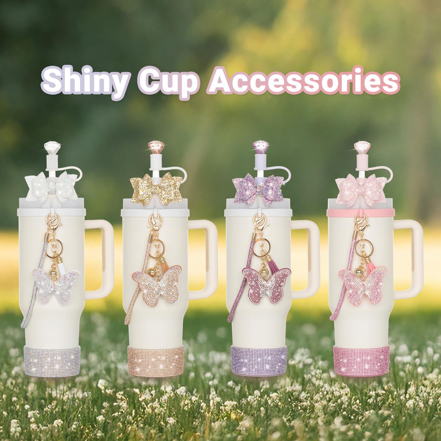 Rabrgab 6Pcs Gold Stanley Cup Accessories with Bling Handle Strap, Diamond Straw Topper Straw Cover Cap, Bling Bow, Diamond Boot, Bling Butterfly Charms for Water Bottle Tumbler 20oz 30oz 40oz