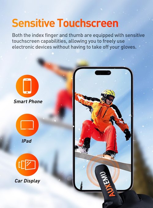 Heated Gloves for Men Women, Auxemu 7.4V Fast Heating 8H Warmth Heated Gloves with Visual Button Touchscreen/Reflective Strip/Waterproof for Motorcycle Riding, Skiing, Outdoor Work(Black, M)