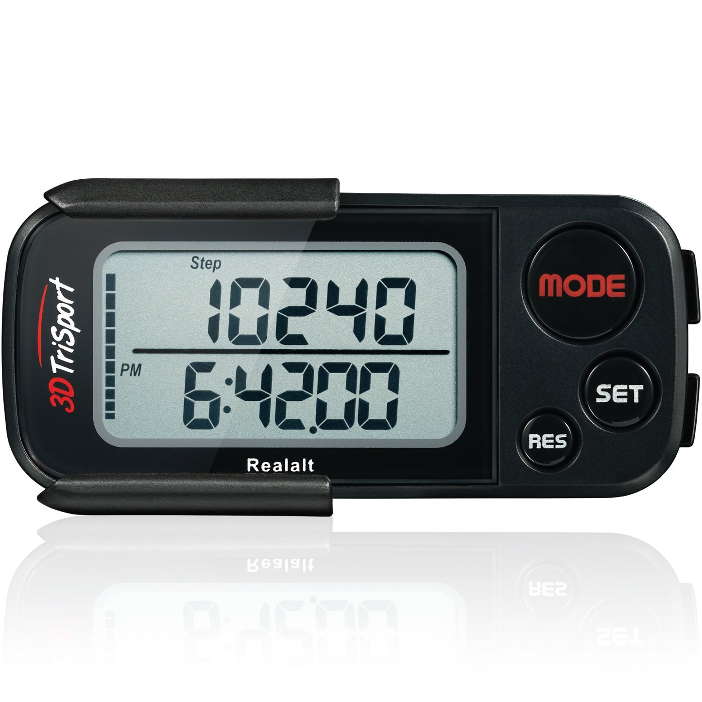 Realalt 3DTriSport 3D Walking Pedometer with Clip & Strap, Accurate Step Counter with 30-Day Memory, Distance in Miles/KM Large Display Perfect for Seniors & Beginners eBook Included - Stealth Black