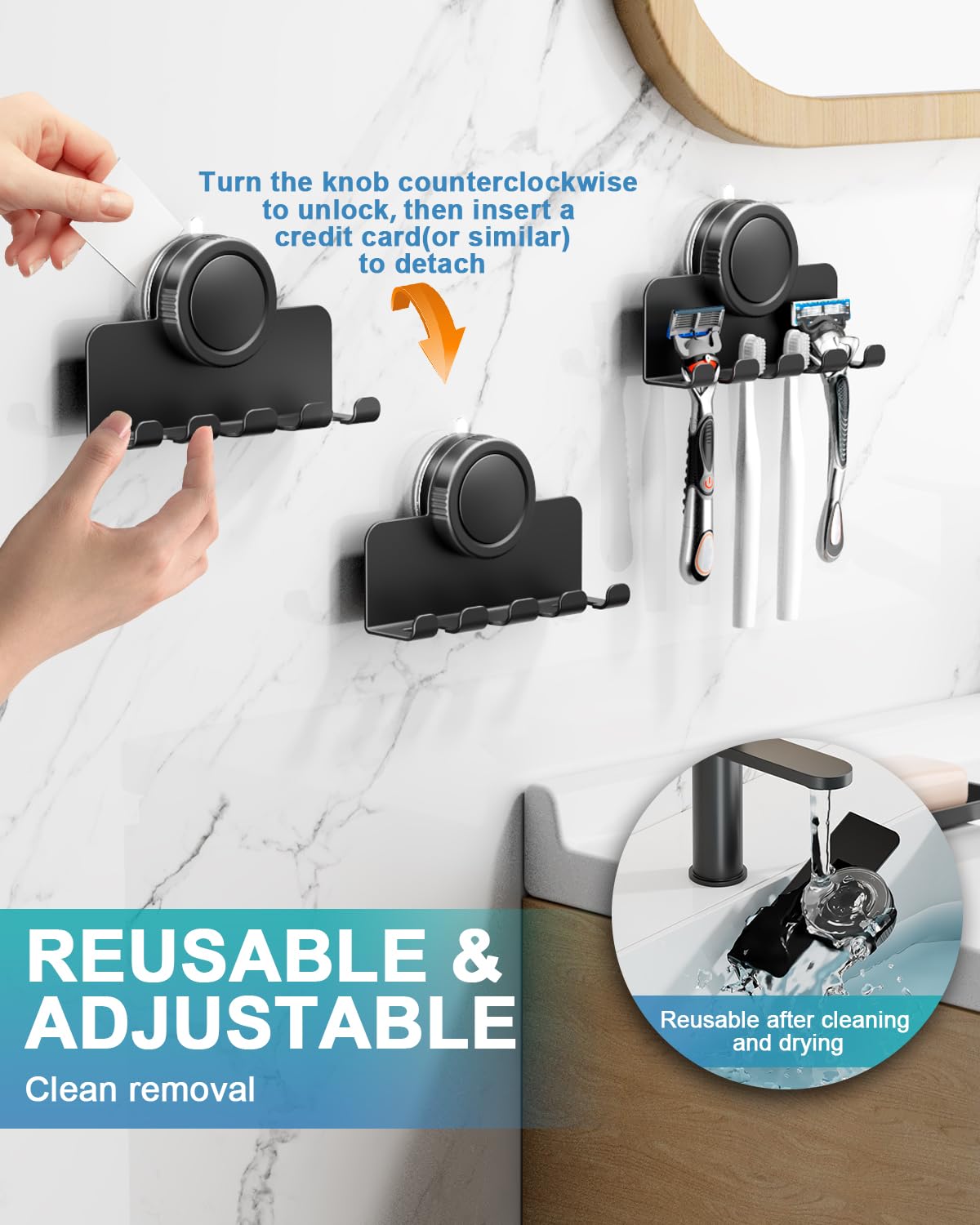 RIVAMBER Suction Cup Hooks, Razor Holder for Shower, Matte Black Waterproof No Drill Hanger for Hanging Loofah Towel Bathroom Kitchen Tiles Glasses