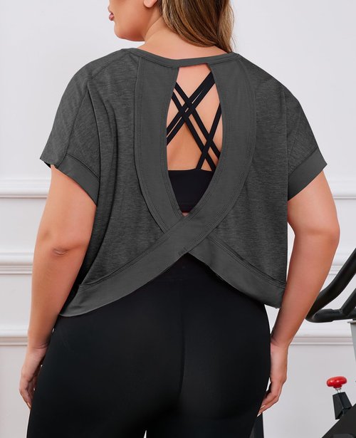 Fisoew Womens Plus Size Open Back Workout Tops Backless Short Sleeve Athletic Shirt Running Crop Top Gym Yoga T-Shirt Dark Grey