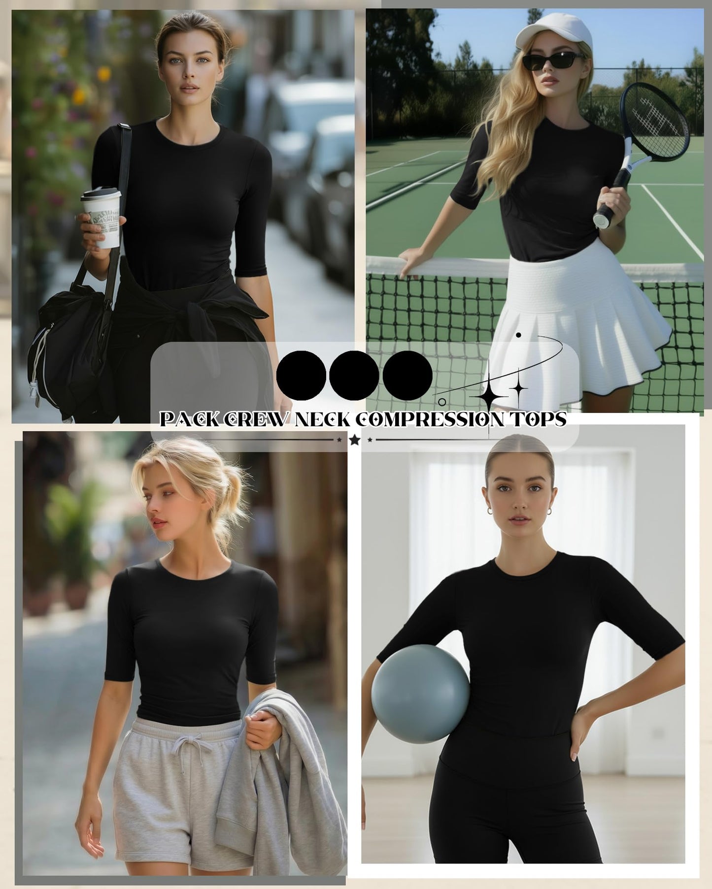 3 Pack Women's Workout Shirts Half Sleeve Compression Tops Slim Fit Elbow Length Crew Neck Tee Athletic 1/2 Sleeve T-Shirts(Medium,Black, Black, Black)