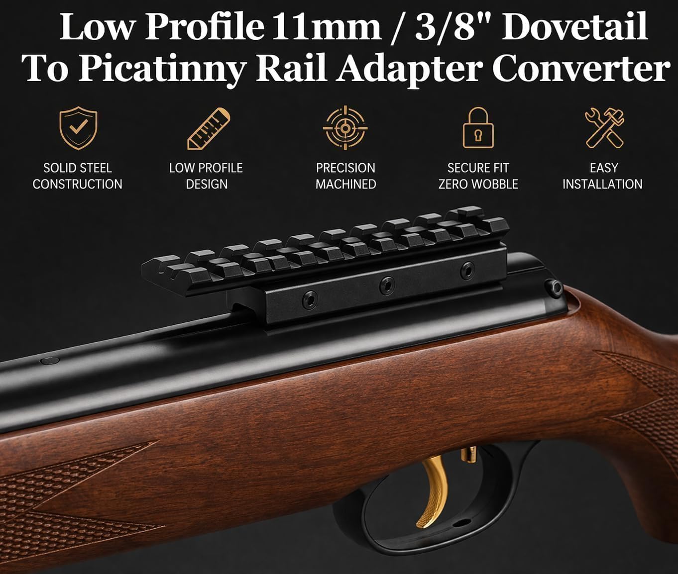 360 TACTICAL .22/Airgun 3/8" Dovetail to 7/8" Weaver Picatinny Rail Adapter Mount 9 Slot Low Profile