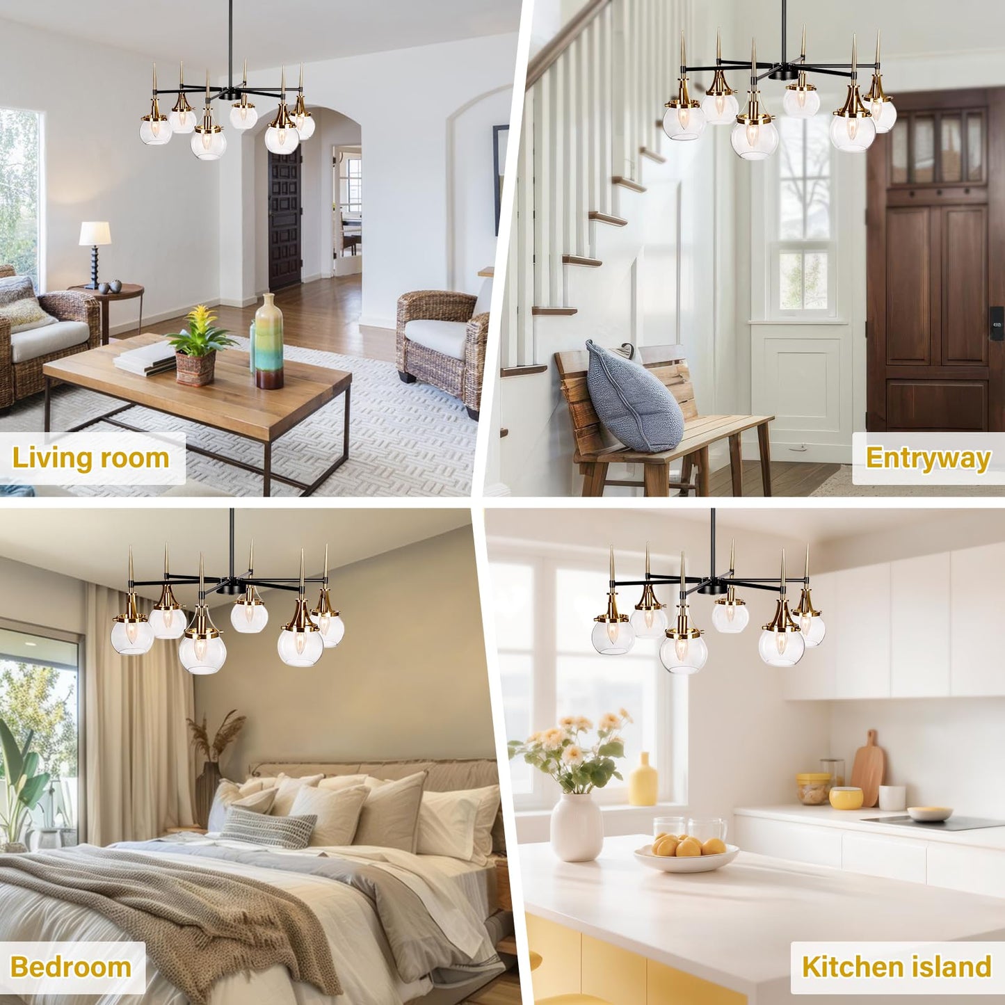 Obihivlo 6-Light Black Gold Bubble Chandelier Brass Antique Glass Globes, Mid Century Modern Pendant Lighting Fixture for Dining Room, Kitchen, Living Room, Bedroom, D27.6 x H71.5 Adjustable Height