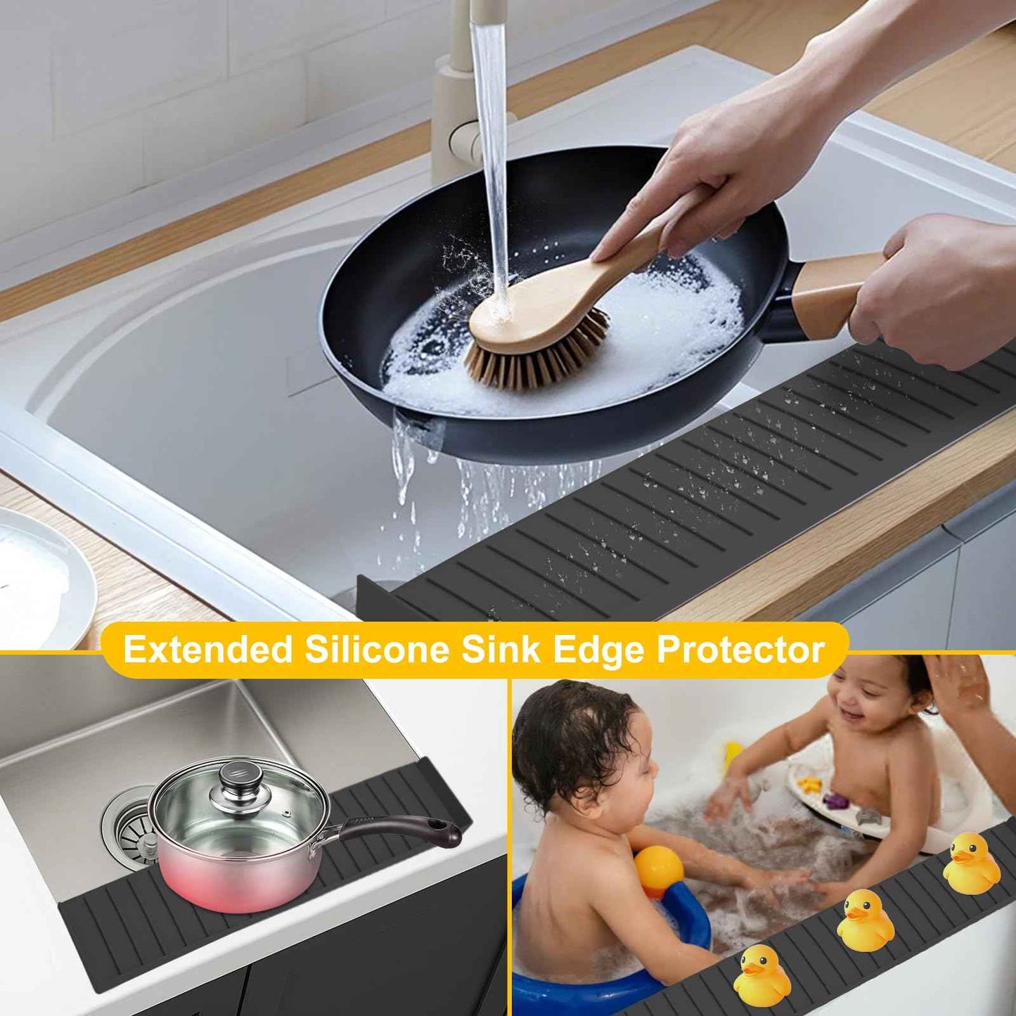 Kitchen Sink Splash Guard, 4 * 24‘’ Sink Edge Protector with Suction Cups, Silicone Faucet Splash Guard & Draining Mat for Kitchen, Bathroom Sink, Steel, Granite, Quartz Countertops (Black)