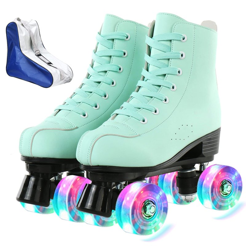 XUDREZ High-Top Roller Skates for Women - Cozy Green PU Leather, Indoor Outdoor Double-Row Skates for Beginners with Shoes Bag (Flash Wheel, 38)