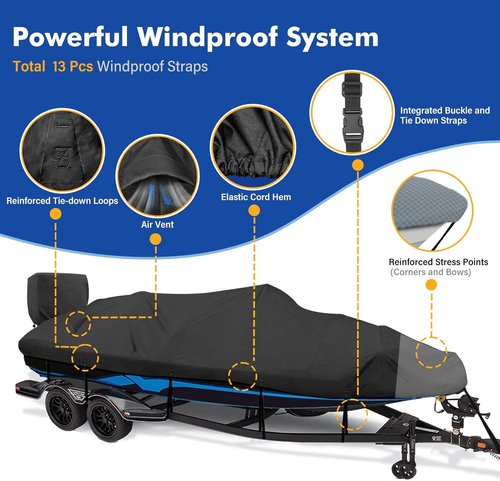 1200D Waterproof Boat Cover - Heavy Duty Protection for 23' to 24' Bass & V-Hull Boats - Black Canvas