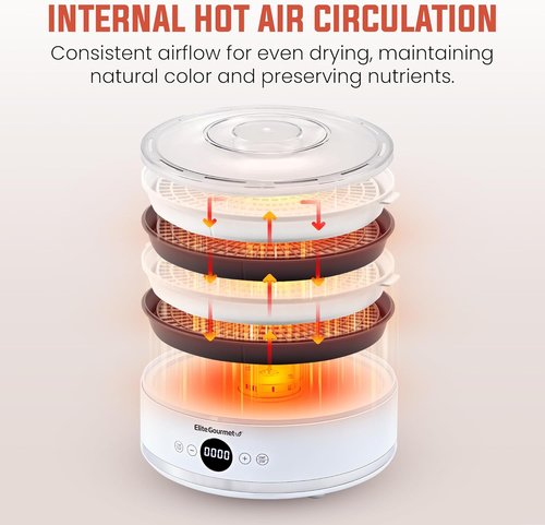 Elite Gourmet Digital Food Dehydrator - 5 BPA-Free SlimStore™ Trays, Adjustable Timer & Temperature, Compact Design, White