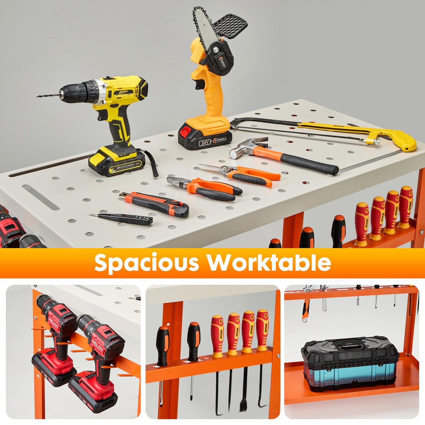 GVGBUK Movable Workbench Table,35.8“x 18.1”Welding Table,1200LBS Static Weight Capacity,Sawhorse Tool Slots and Fixture Holes（5/8-inch Fixture Holes）,4 Wheels (4 with Brake)