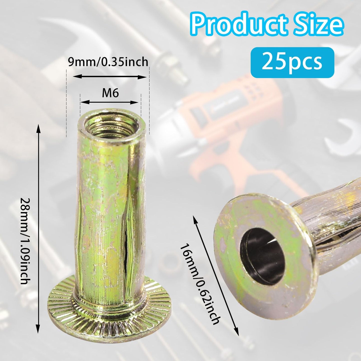 QXSKSLH 25Pcs M6 Multi Grip Rivet Nuts Pre Bulbed Shank Carbon Steel Color-Zinc-Plated Flat Head Threaded Insert Nut