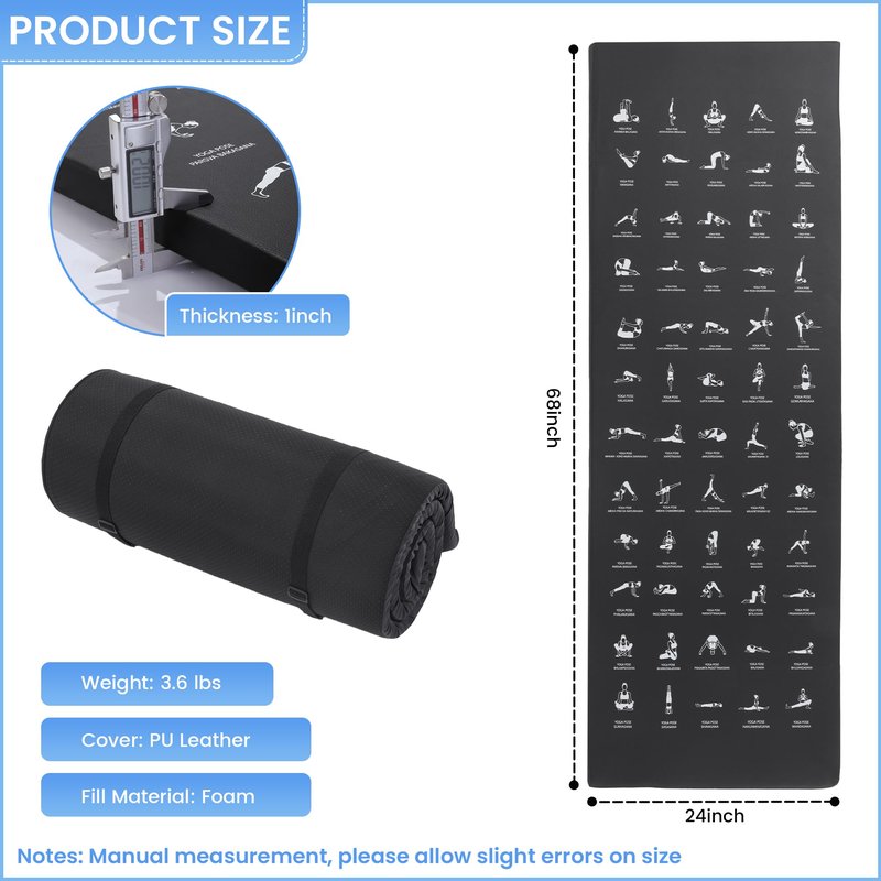 MABOZOO 1 Inch Instructional Yoga Mat with Poses, PU Leather Exercise Mat with 60 Illustrated Yoga Poses, Workout Cushion with Carrying Handles for Pilates, Stretching(68 * 24 Inch, Black)