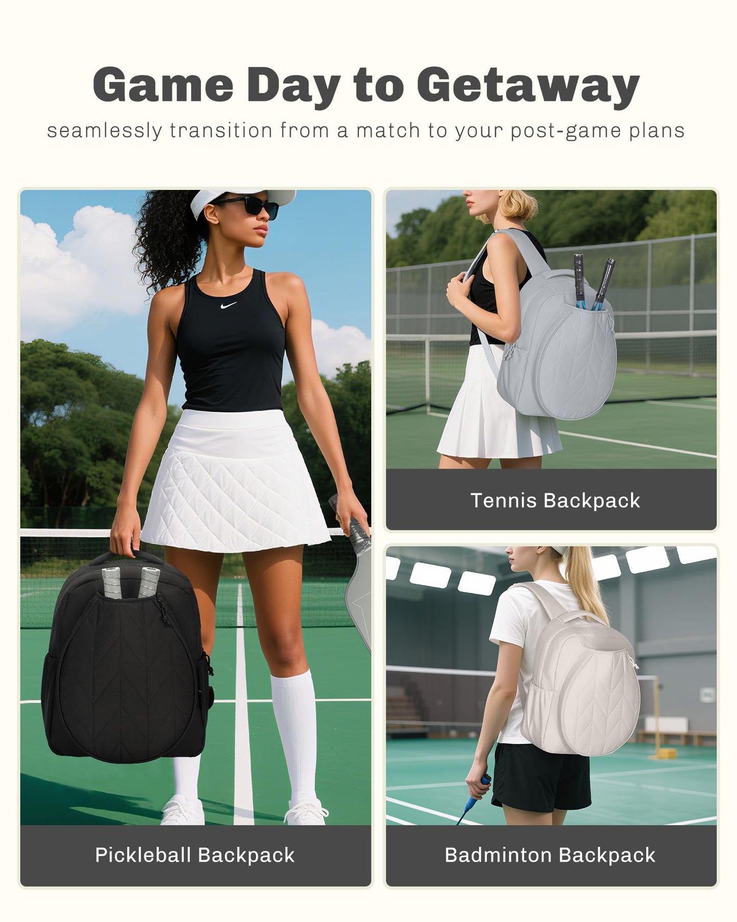 Hynes Eagle Pickleball Backpack Quilted Fits 2 Rackets with Wet Pocket Tennis Gym Backpack for Women Sport Daypack 22L Black
