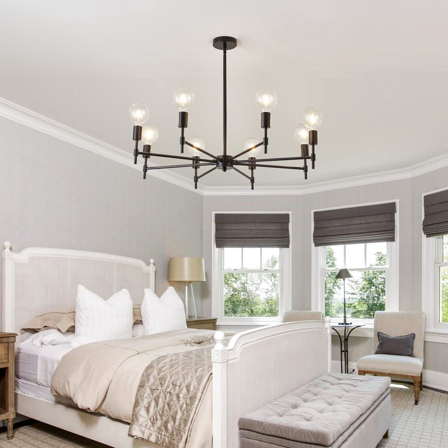 ASGYISA 8-Light Black Sputnik Chandelier Matte Industrial Flush Mount Ceiling Light Fixture Metal Modern Pendant Light for Farmhouse, Bedroom, Kitchen, Dining, Living Room, Island