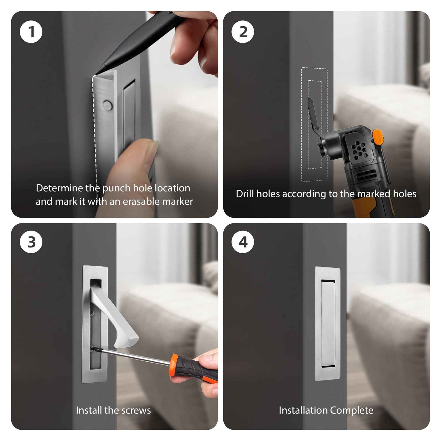 Malimali Pocket Door Pull and Edge Set, Stainless Steel Hardware Recessed Handle, Sliding Door Finger Flush Pull (Brushed Steel, 3 Pack)