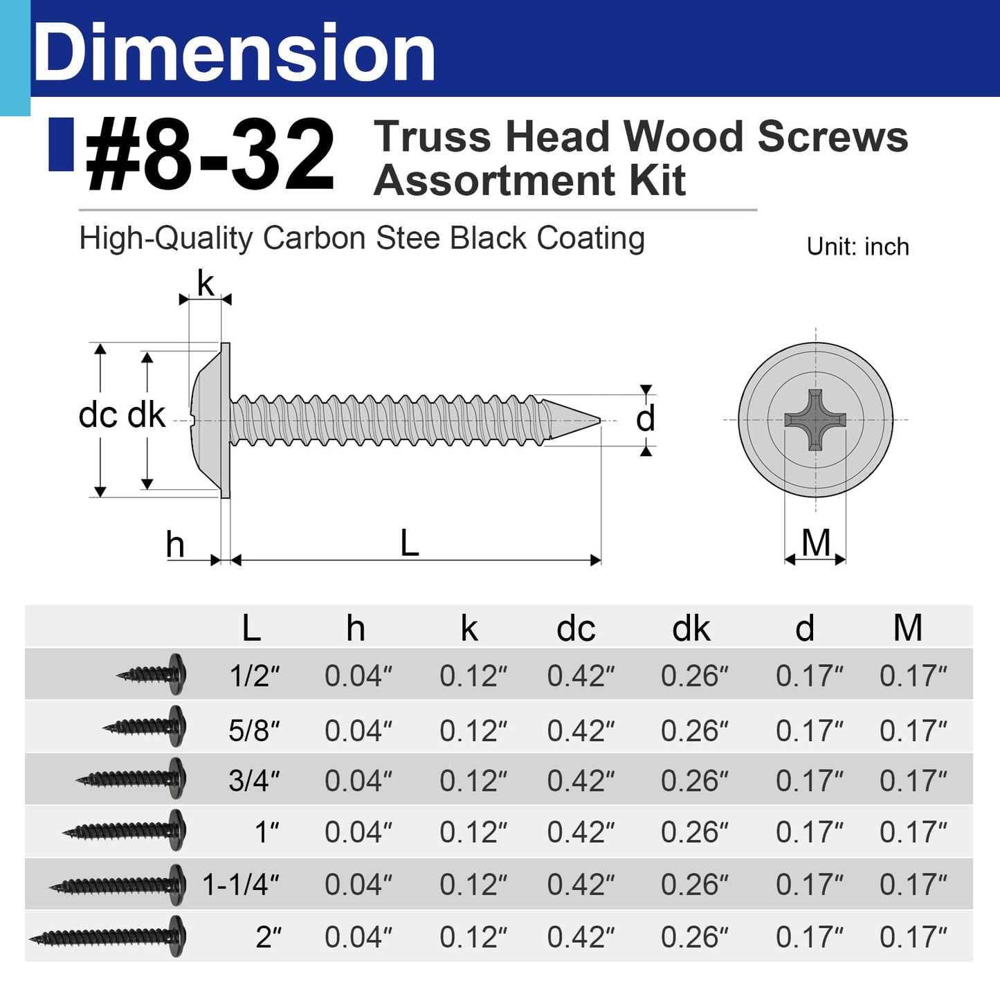 170 PCS #8 Black Wood Self Tapping Screws Assortment Kit, Carbon Steel Wood Screws Set 6 Size(1/2", 5/8", 3/4", 1", 1-1/4", 2")