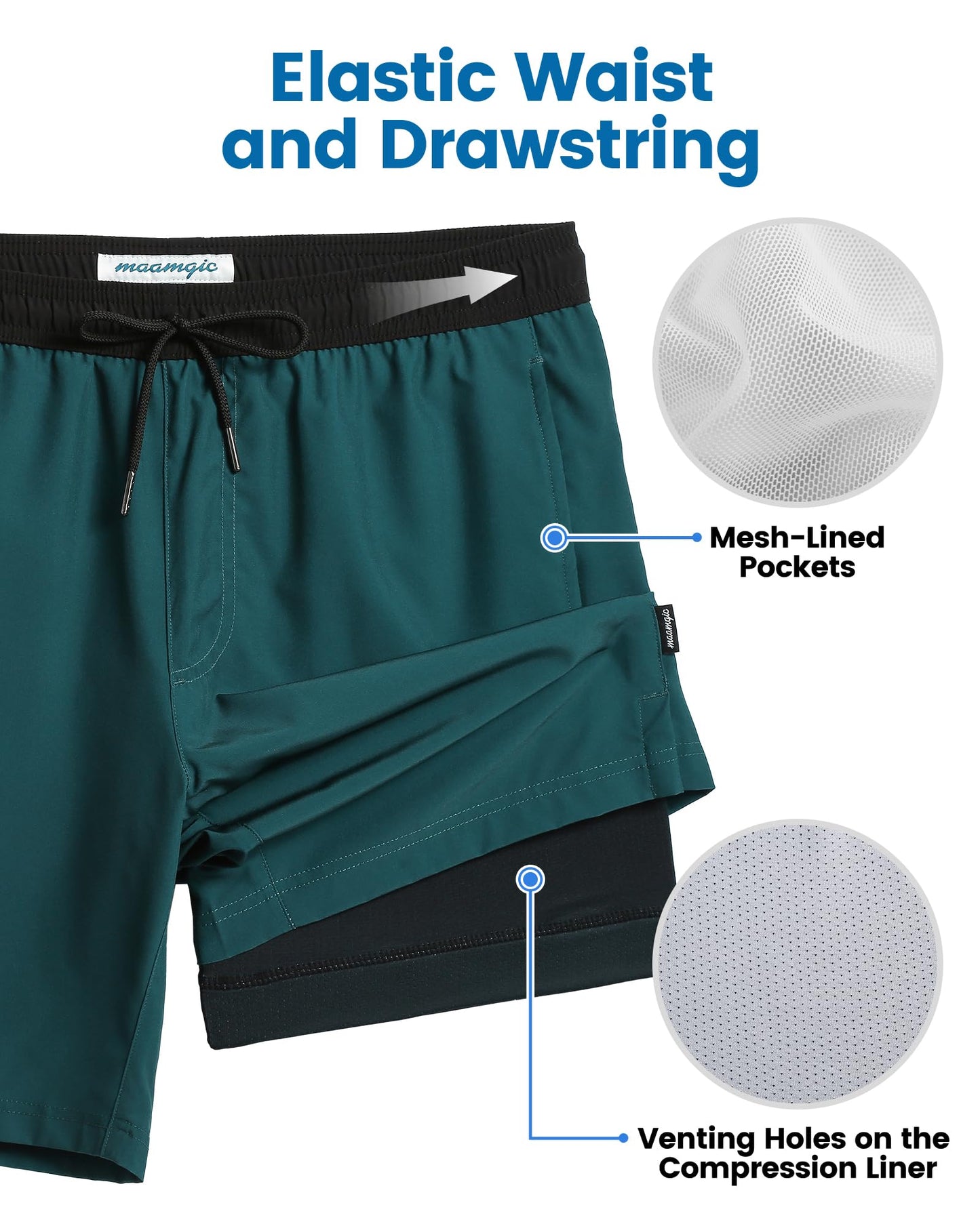 maamgic Mens Swim Trunks with Compression Liner 7 Inch Inseam Mens Bathing Suit Quick Dry Swimming Trunks Swimsuit Reef Green and Black X-Large