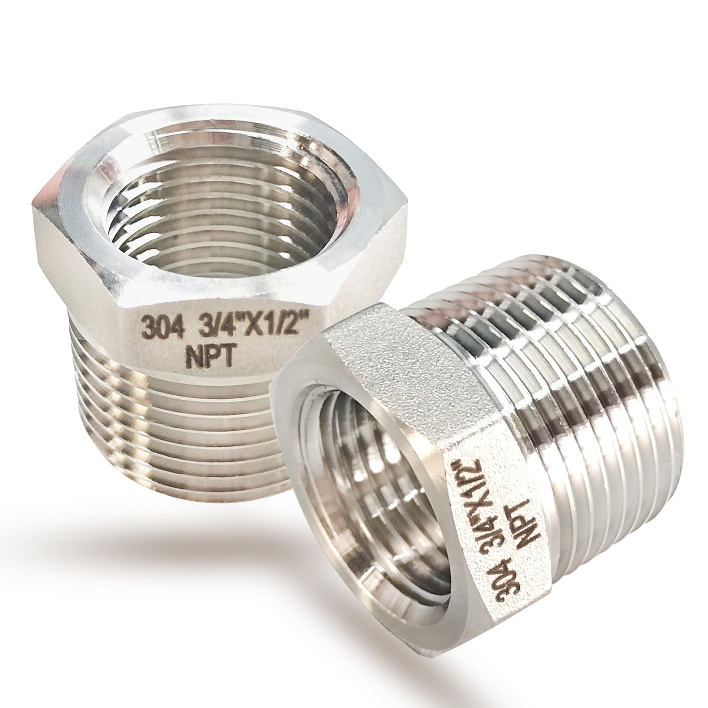 3/4" NPT Male to 1/2" NPT Female Hex Bushing Reducer, 304 Stainless Steel Reducing Adapter Pipe Fitting, Heavy Duty Pipe Hex Bushing for Reducing Pipe (3/4” MNPT x 1/2” FNPT)