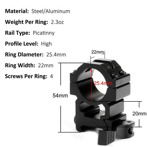 MIZUGIWA 1 Inch High Profile Picatinny QD Scope Mount Rings - 2 Pcs