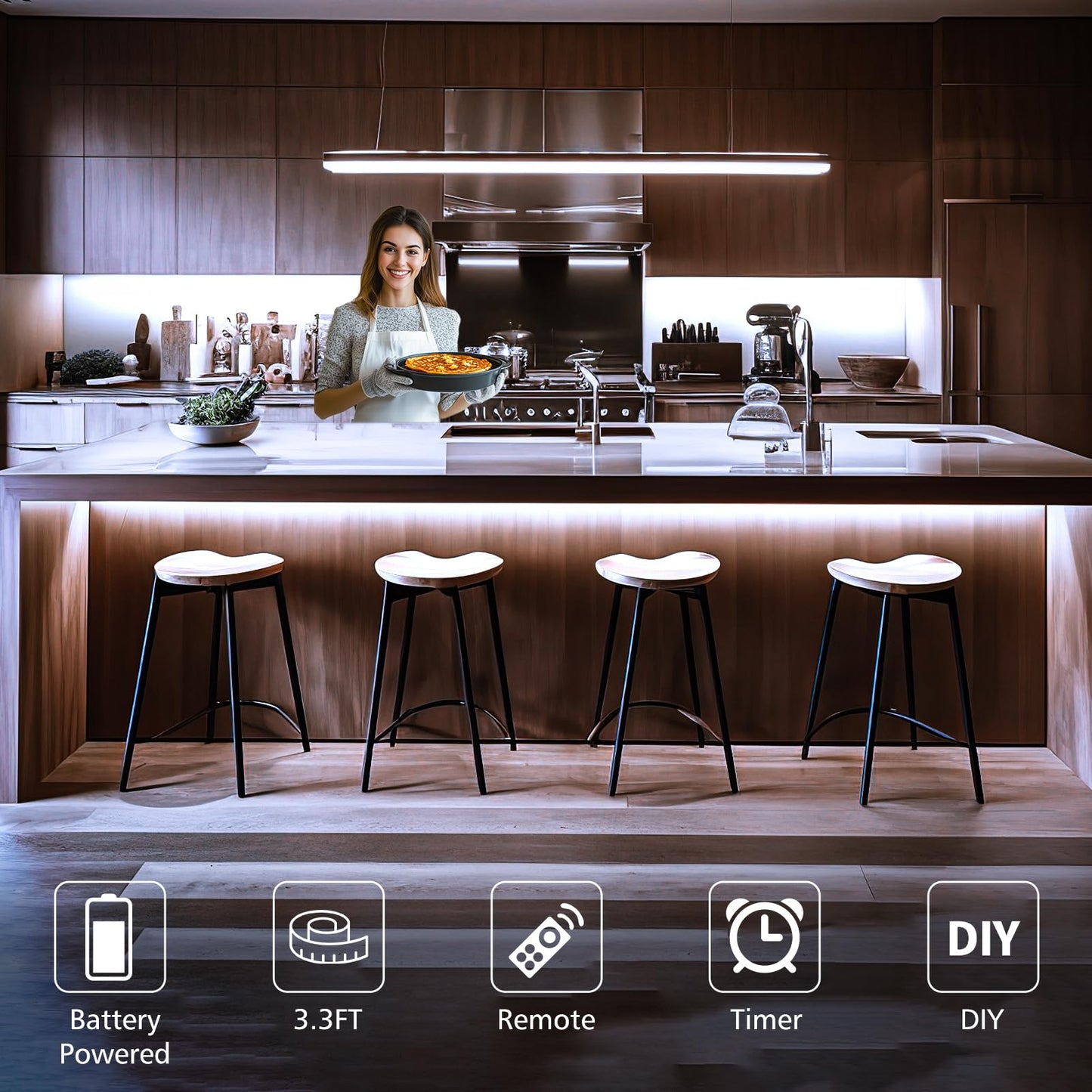 echosari 3.3FT 6000K Strip Lights Battery Operated, Tape Light with Remote 8 Modes Timer Self-Adhesive Cuttable, Strip Lights for Bedroom Cabinets Shelves TV Indoor Decor (Cool White)