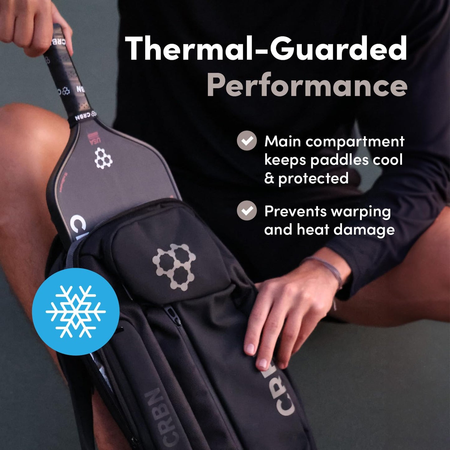 CRBN Pickleball - Sling Bag – Pro Team Water-Resistant Paddle Holder for 3 Paddles, Balls & More (Black)