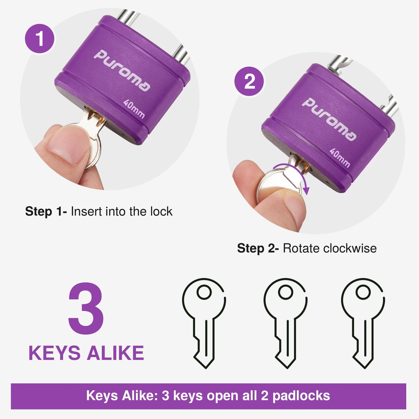 Puroma 2 Pack Keyed Padlock with 3 Keys Alike, 1.1 Inch Locker Lock 40mm Heavy-Duty Locks for Gate Fence Hasp Cabinet Toolbox School Gym Locker (Purple)