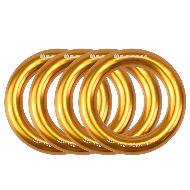 S.E.PEAK 25kN Aluminum Rappel Ring, Tension O-Ring, Rock Climbing, Arborist, Gold, Pack of 4