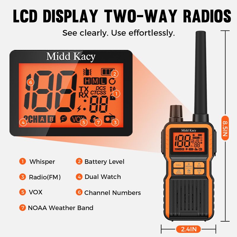 Midd Kacy Walkie Talkies Long Range, 60 Channel GMRS Portable Hunting Waterproof 2 Way Radio with 121 Privacy Codes, SOS, NOAA Weather Alerts, VOXChannel Scanning, 2 Pack (Black/Orange)