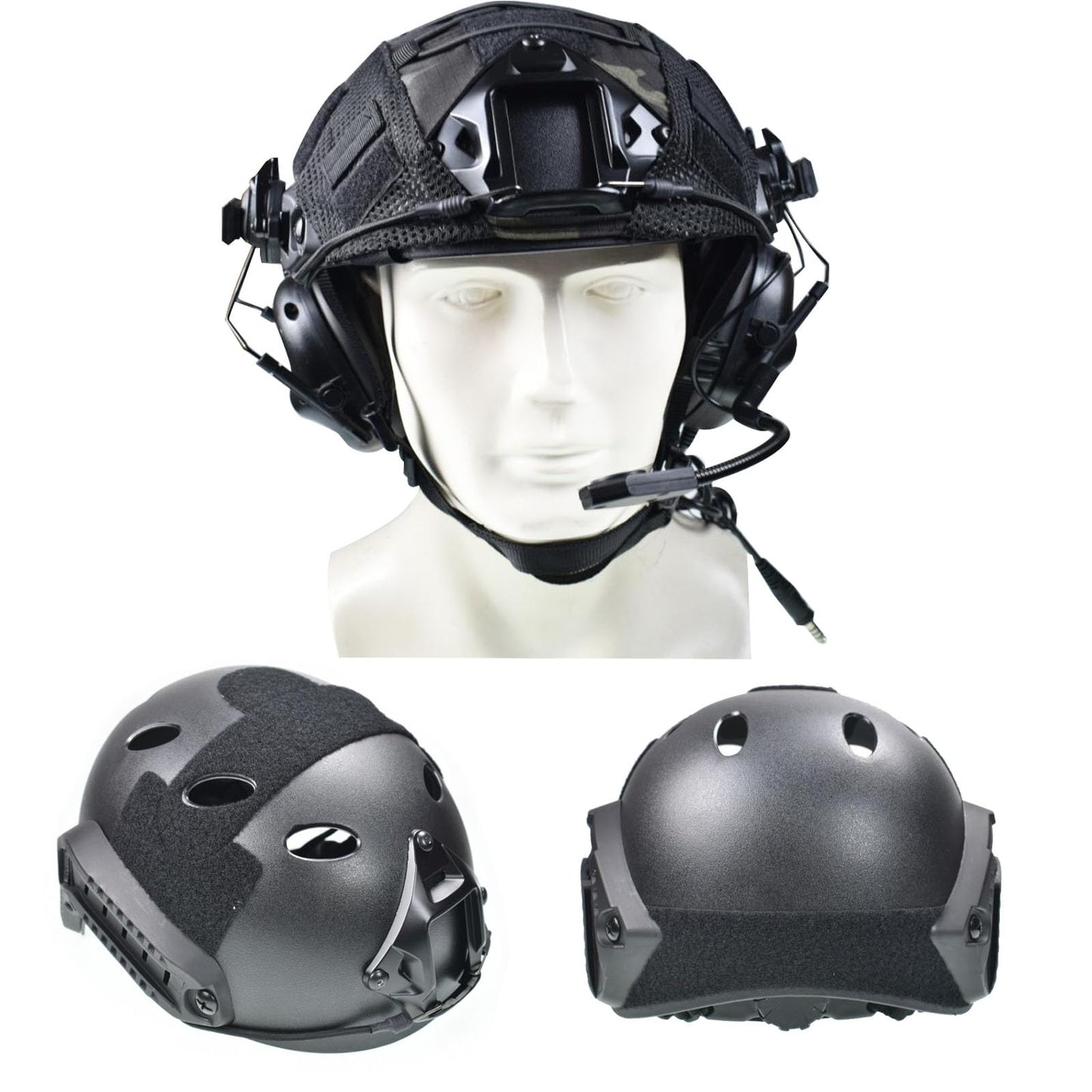Airsoft Fast Helmet Set Tactical Paintball Helmet with Military Headset and Helmet Cover Memory Foam Protective Pad Adjustable Size for Adult and Teenager (Black)