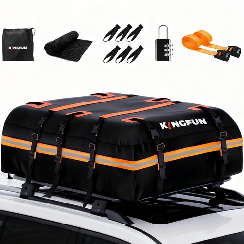 Kingfun Car Rooftop Cargo Carrier Bag, Waterproof 20 Cubic Feet Car Roof Luggage Carrier for All Vechicles with/Without Racks, Includes Anti-Slip Mat, 8 Reinforced Straps, 6 Door Hooks, Luggage Locks